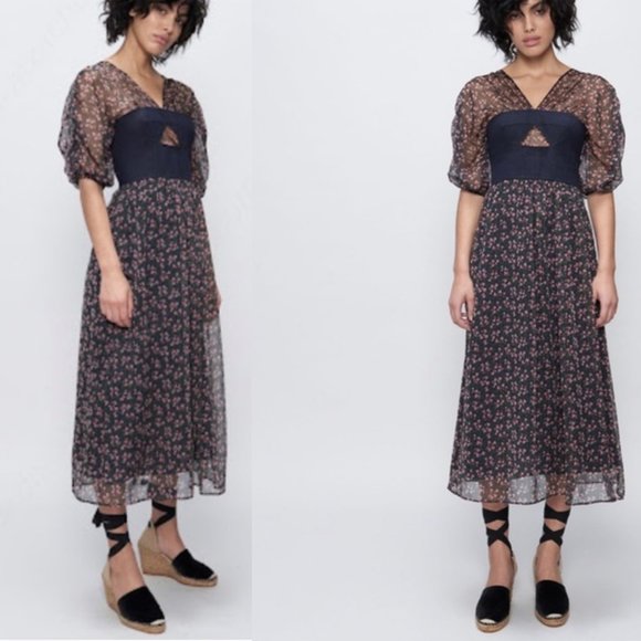 Alexa Chung Bella dress - floral chiffon midi with cutout linen bodice - RARE - Picture 2 of 6